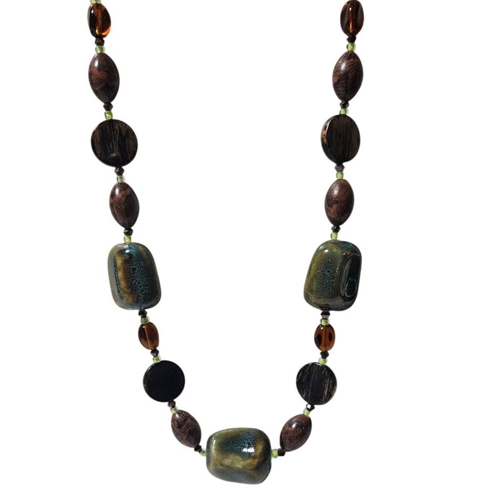 Handcrafted Beaded Necklace Green Brown Beads Accents Boho Fashion Jewelry Women
